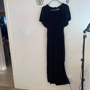 Black V-Neck Flutter Sleeve Cocktail Gown
